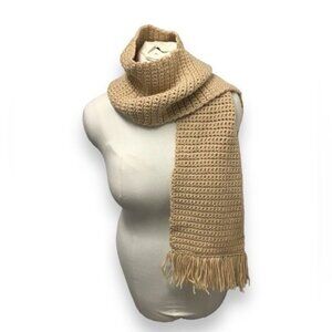 Handmade Unisex Knitted Long Scarf with Fringe, Khaki, OSFA